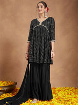 Women's Black Rayon Foil Printed A-line Kurta With Sharara & Dupatta Set