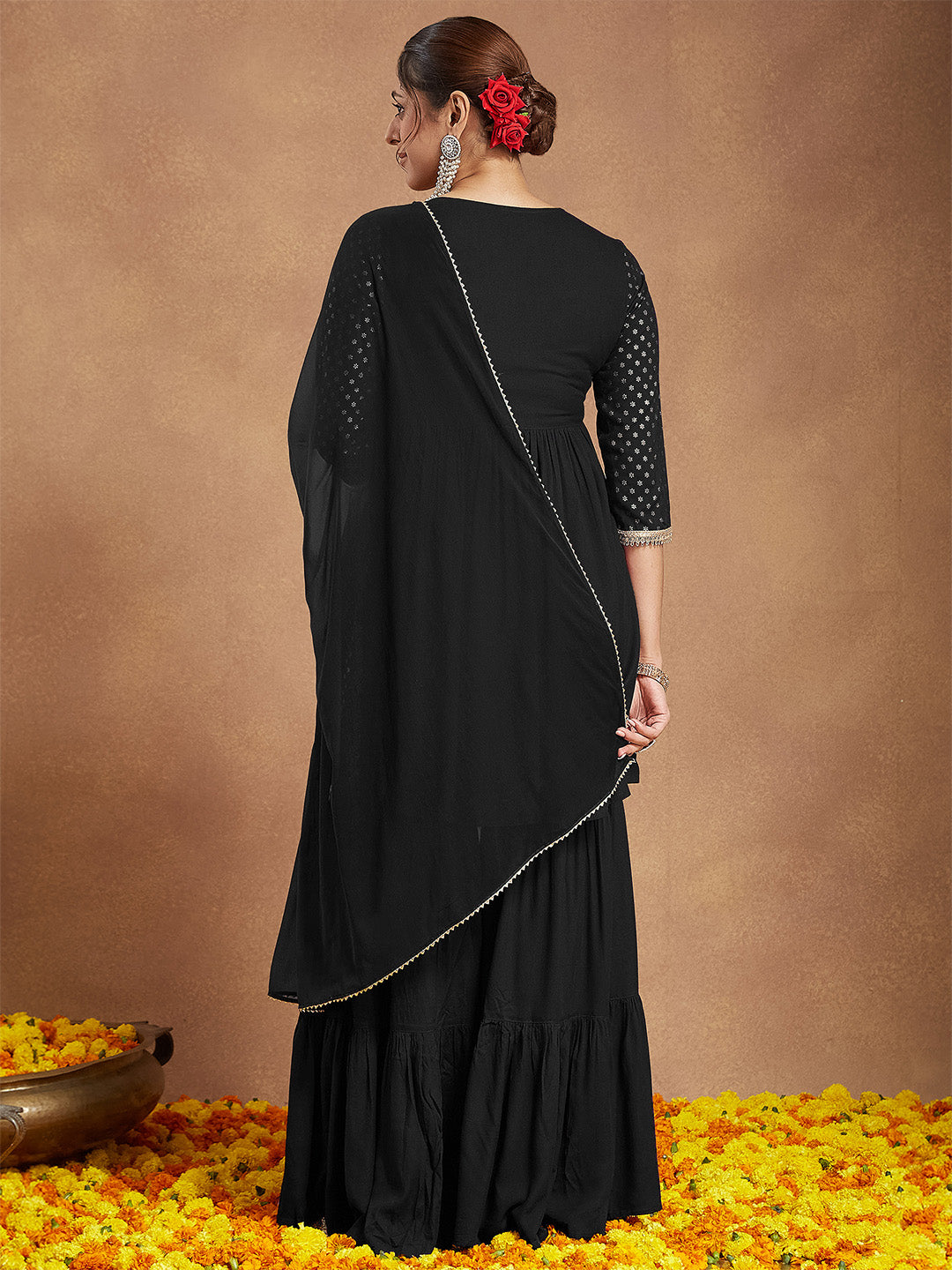 Women's Black Rayon Foil Printed A-line Kurta With Sharara & Dupatta Set