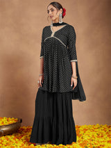 Women's Black Rayon Foil Printed A-line Kurta With Sharara & Dupatta Set