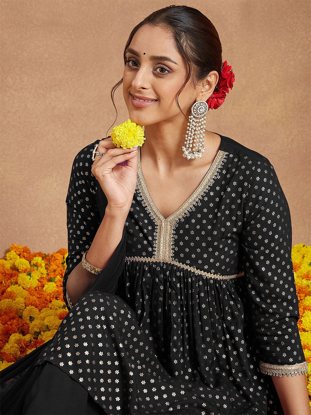 Women's Black Rayon Foil Printed A-line Kurta With Sharara & Dupatta Set