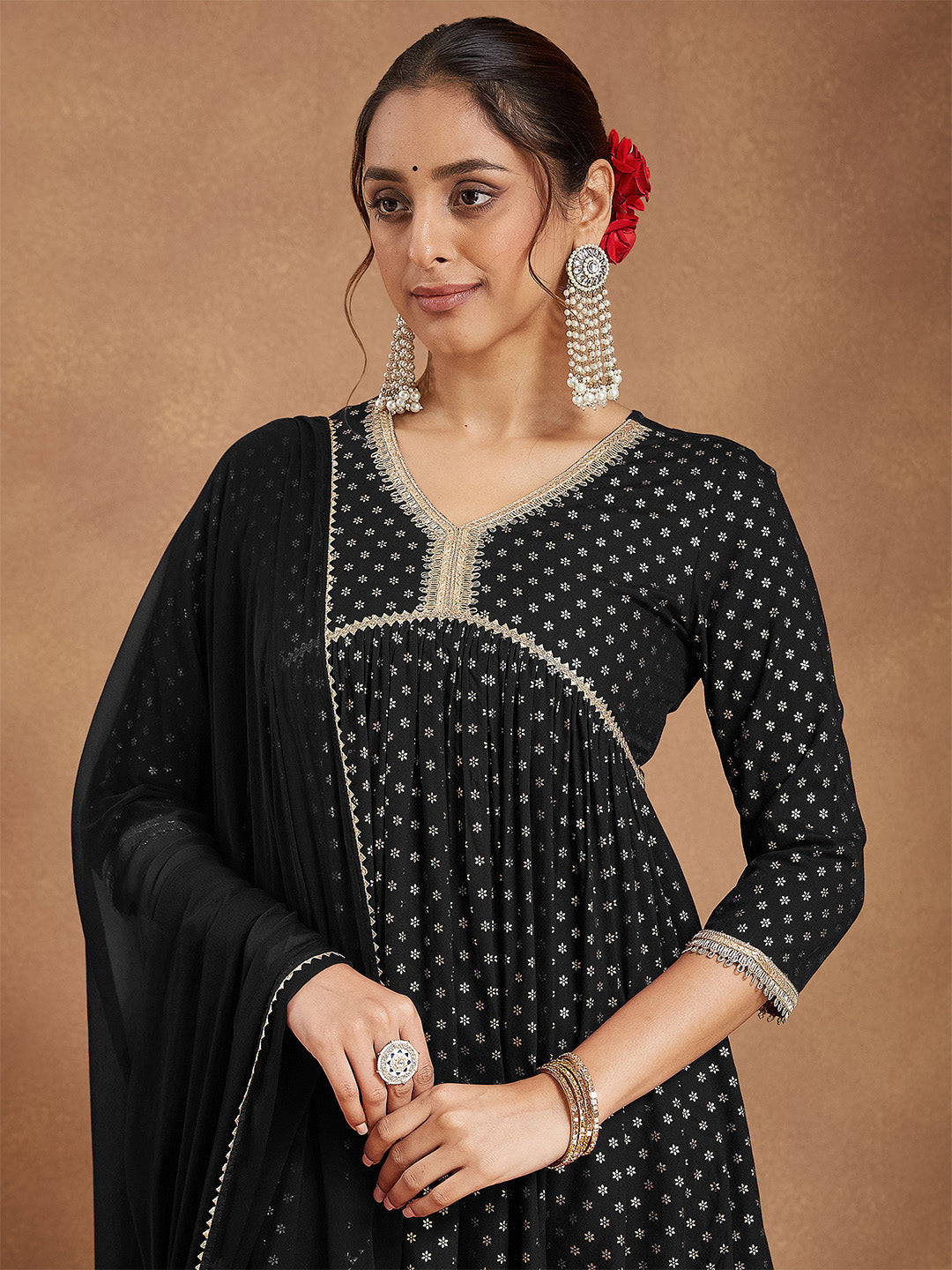 Women's Black Rayon Foil Printed A-line Kurta With Sharara & Dupatta Set