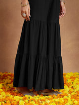 Women's Black Rayon Foil Printed A-line Kurta With Sharara & Dupatta Set