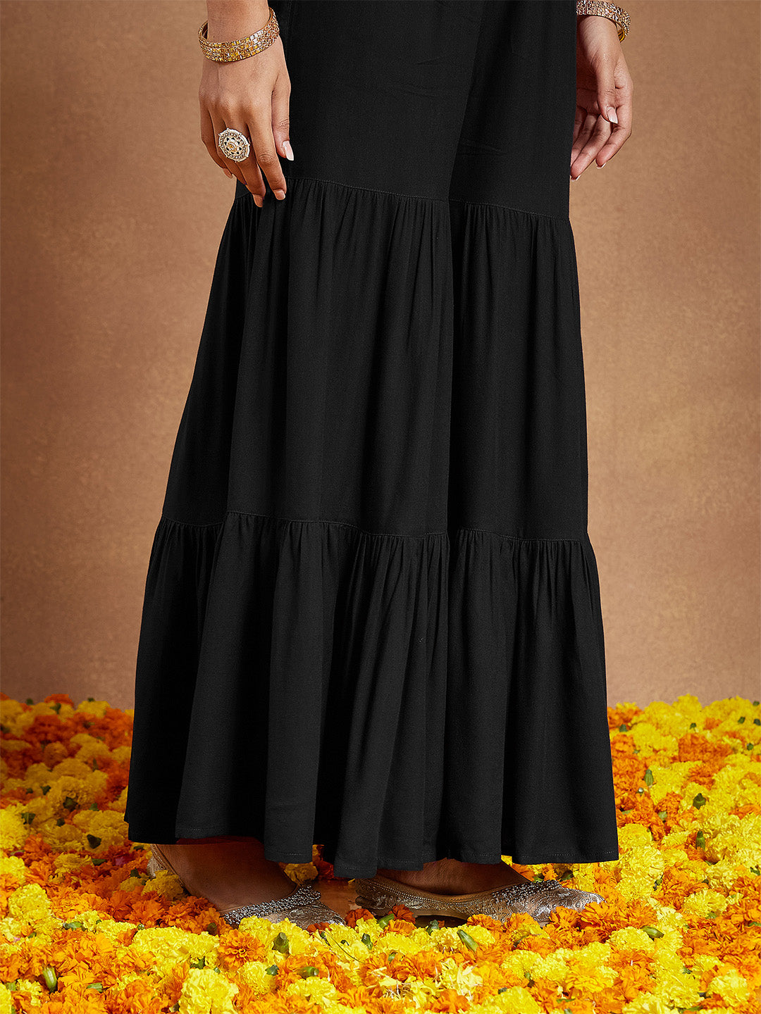 Women's Black Rayon Foil Printed A-line Kurta With Sharara & Dupatta Set