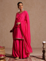 Women's Pink Rayon Embellished Gold Printed Straight Kurta With Sharara & Dupatta Set