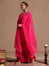 Women's Pink Rayon Embellished Gold Printed Straight Kurta With Sharara & Dupatta Set