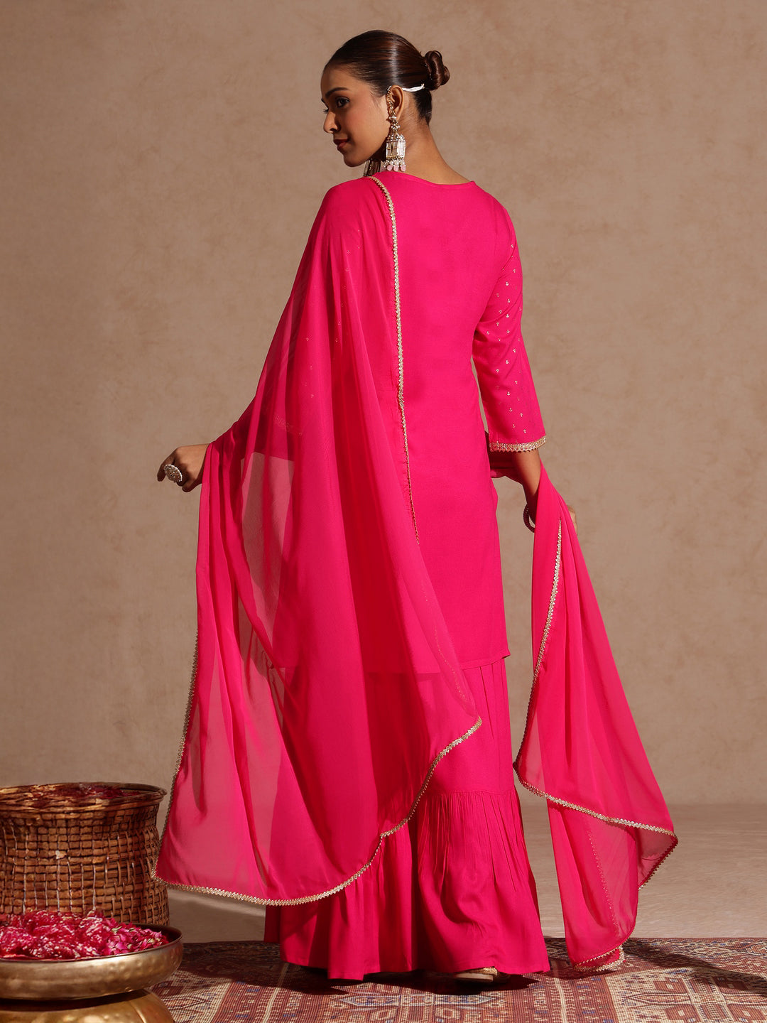 Women's Pink Rayon Embellished Gold Printed Straight Kurta With Sharara & Dupatta Set