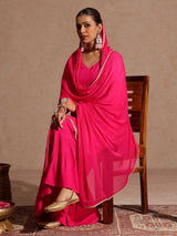 Women's Pink Rayon Embellished Gold Printed Straight Kurta With Sharara & Dupatta Set