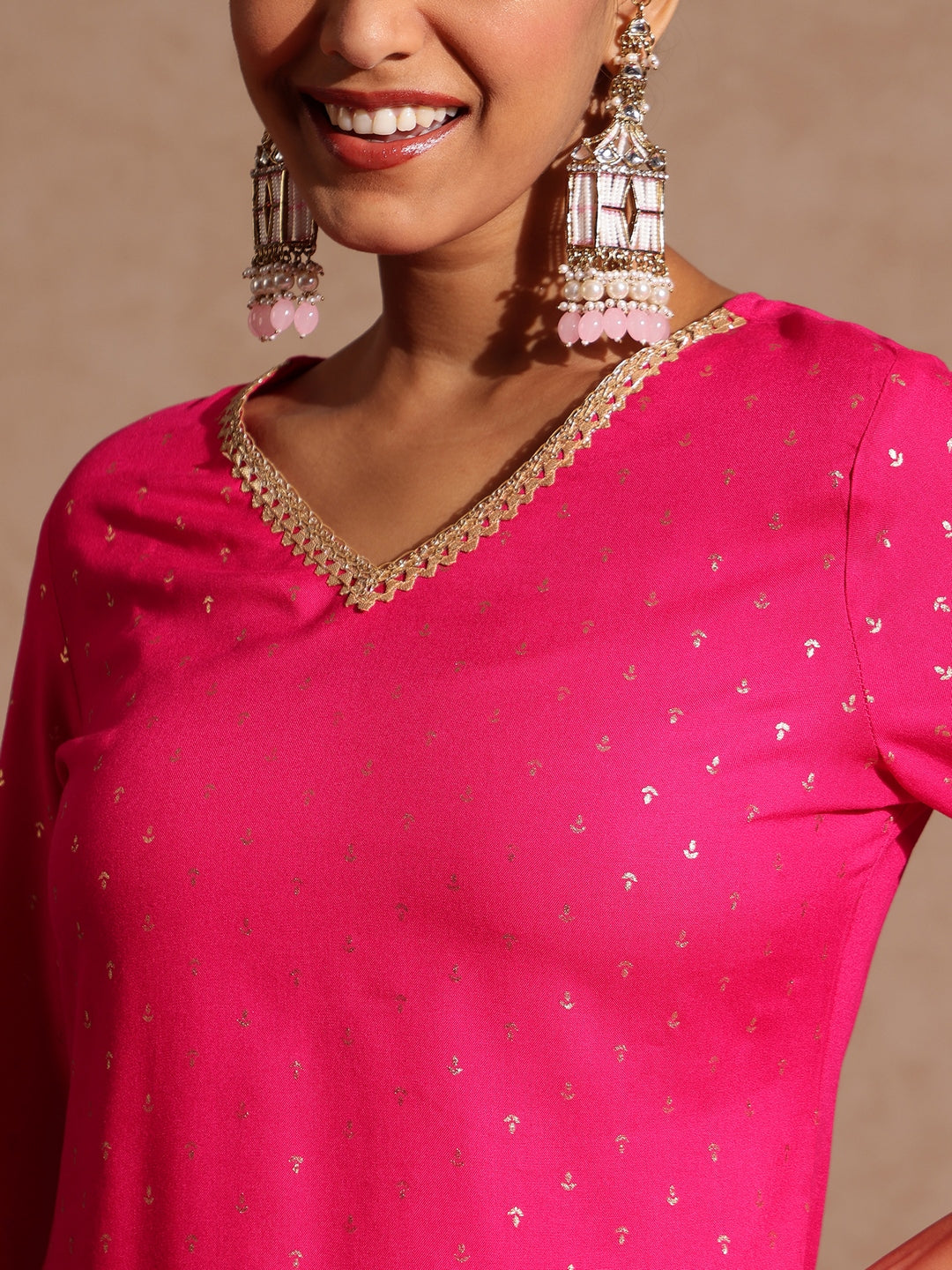Women's Pink Rayon Embellished Gold Printed Straight Kurta With Sharara & Dupatta Set