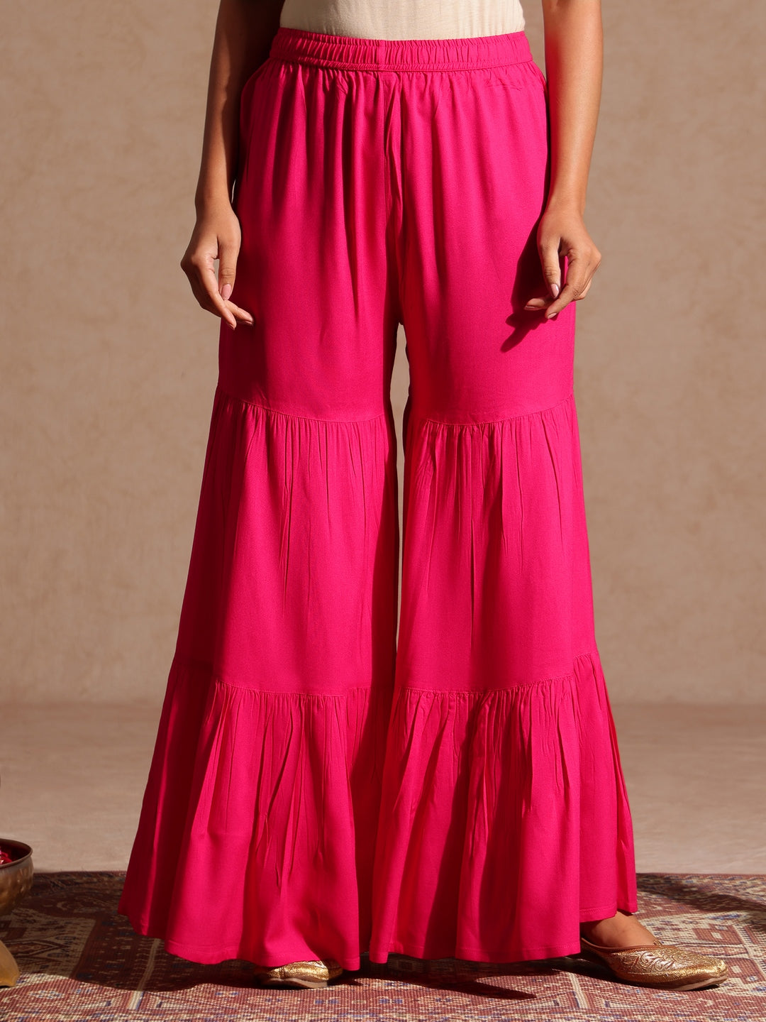 Women's Pink Rayon Embellished Gold Printed Straight Kurta With Sharara & Dupatta Set