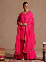 Women's Pink Rayon Embellished Gold Printed Straight Kurta With Sharara & Dupatta Set