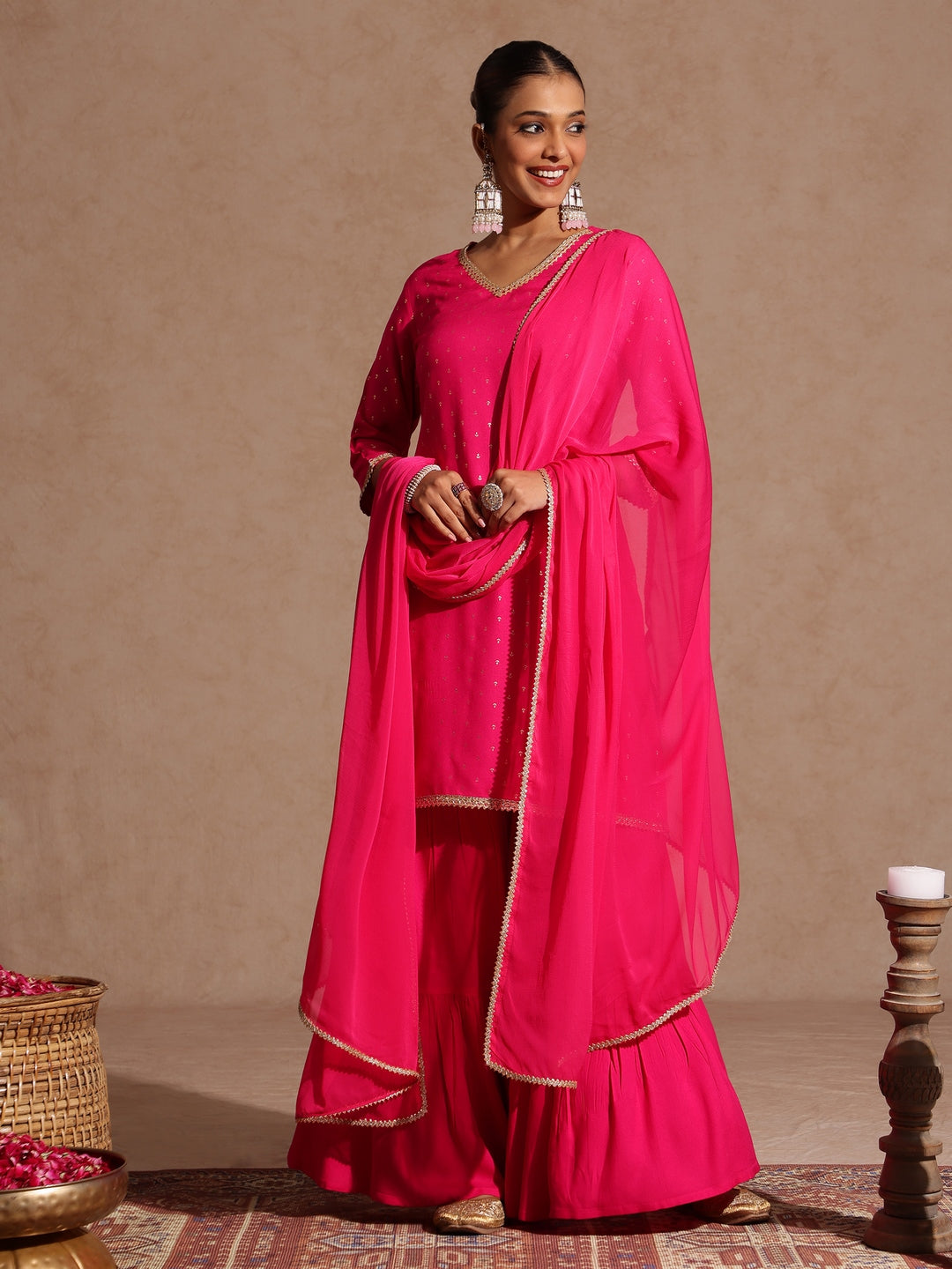 Women's Pink Rayon Embellished Gold Printed Straight Kurta With Sharara & Dupatta Set