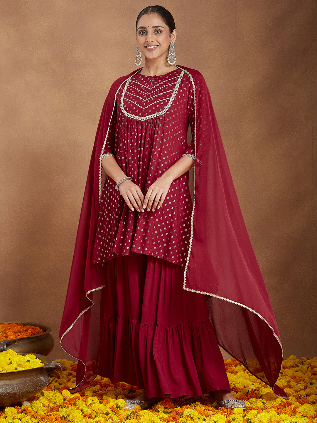 Women's Maroon Rayon Foil Printed Embellished A-line Kurta With Sharara & Dupatta Set