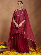 Women's Maroon Rayon Foil Printed Embellished A-line Kurta With Sharara & Dupatta Set