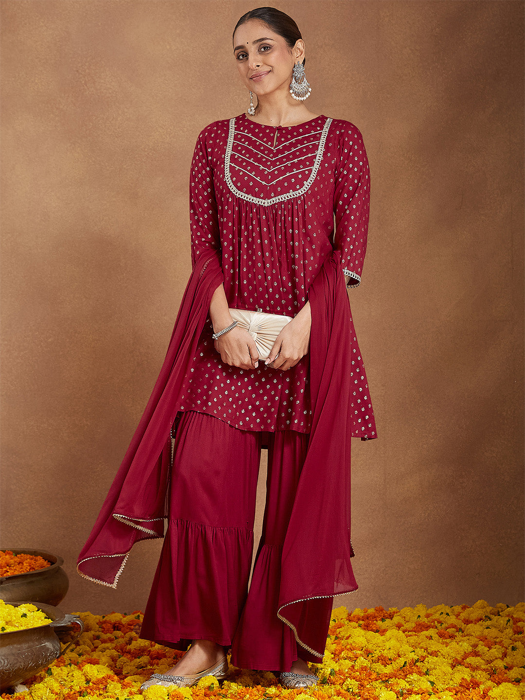 Women's Maroon Rayon Foil Printed Embellished A-line Kurta With Sharara & Dupatta Set