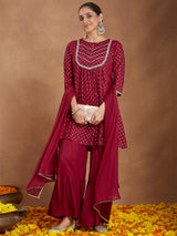 Women's Maroon Rayon Foil Printed Embellished A-line Kurta With Sharara & Dupatta Set