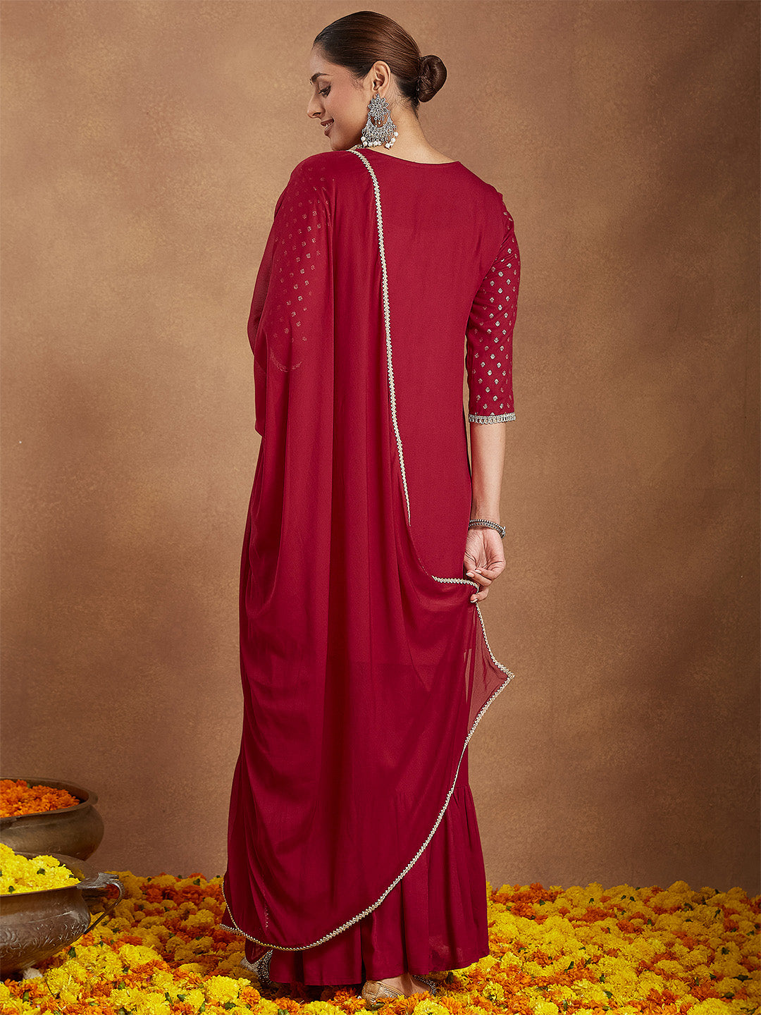 Women's Maroon Rayon Foil Printed Embellished A-line Kurta With Sharara & Dupatta Set