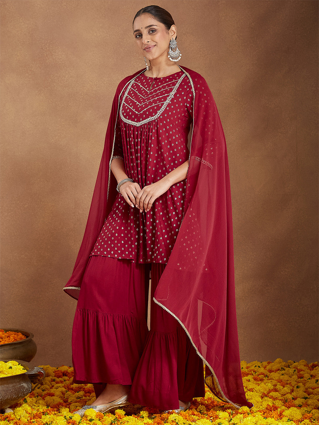 Women's Maroon Rayon Foil Printed Embellished A-line Kurta With Sharara & Dupatta Set