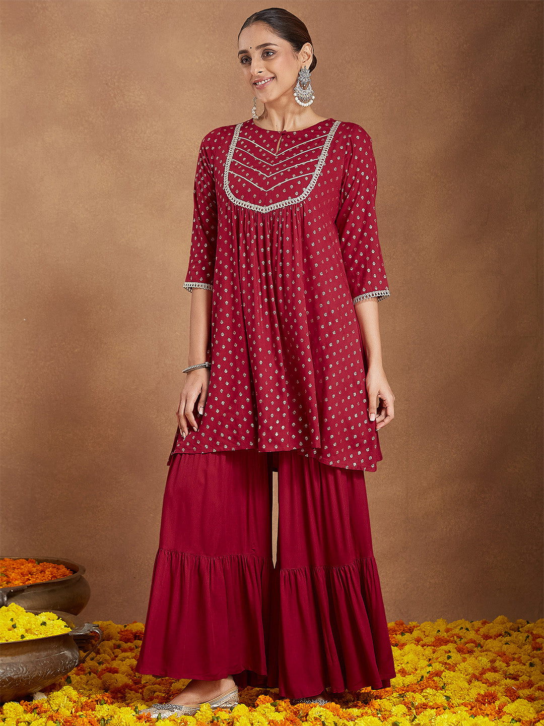 Women's Maroon Rayon Foil Printed Embellished A-line Kurta With Sharara & Dupatta Set
