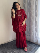 Women's Maroon Rayon Foil Printed Embellished A-line Kurta With Sharara & Dupatta Set