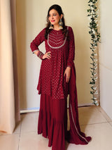 Women's Maroon Rayon Foil Printed Embellished A-line Kurta With Sharara & Dupatta Set