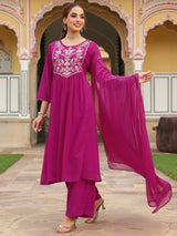 Women's Pink Georgette Embroidered A-line Kurta With Palazzo Dupatta Set