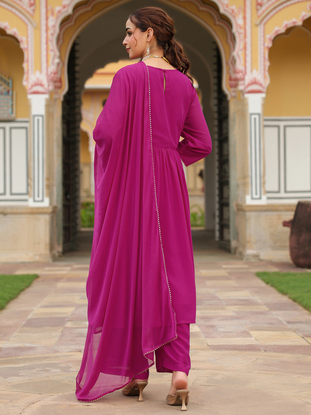 Women's Pink Georgette Embroidered A-line Kurta With Palazzo Dupatta Set