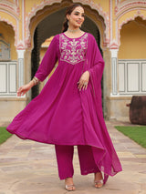 Women's Pink Georgette Embroidered A-line Kurta With Palazzo Dupatta Set
