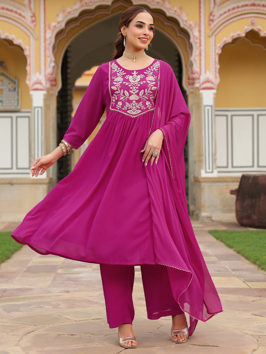 Women's Pink Georgette Embroidered A-line Kurta With Palazzo Dupatta Set