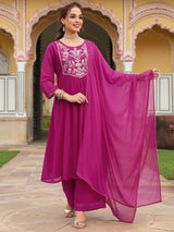 Women's Pink Georgette Embroidered A-line Kurta With Palazzo Dupatta Set
