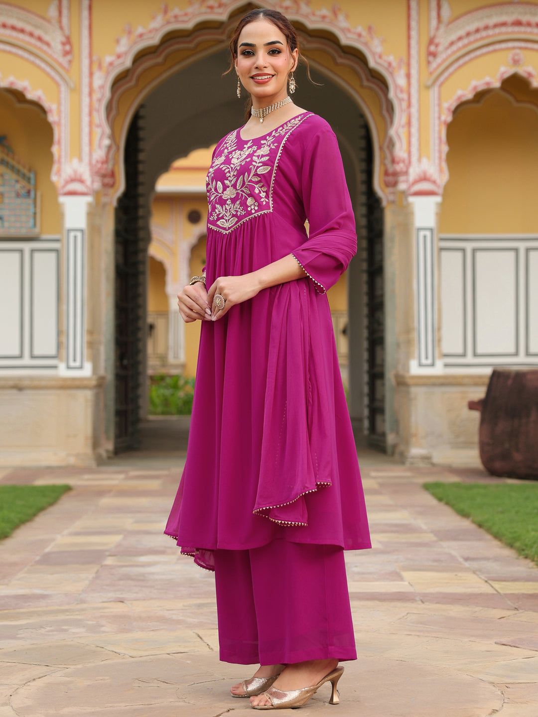 Women's Pink Georgette Embroidered A-line Kurta With Palazzo Dupatta Set