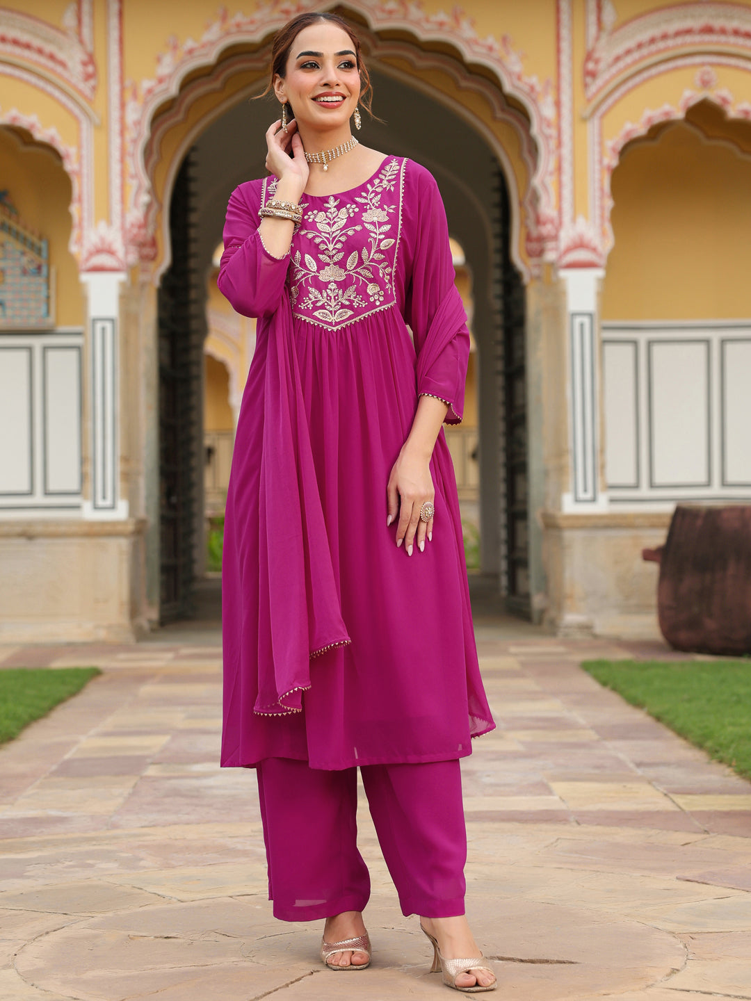 Women's Pink Georgette Embroidered A-line Kurta With Palazzo Dupatta Set