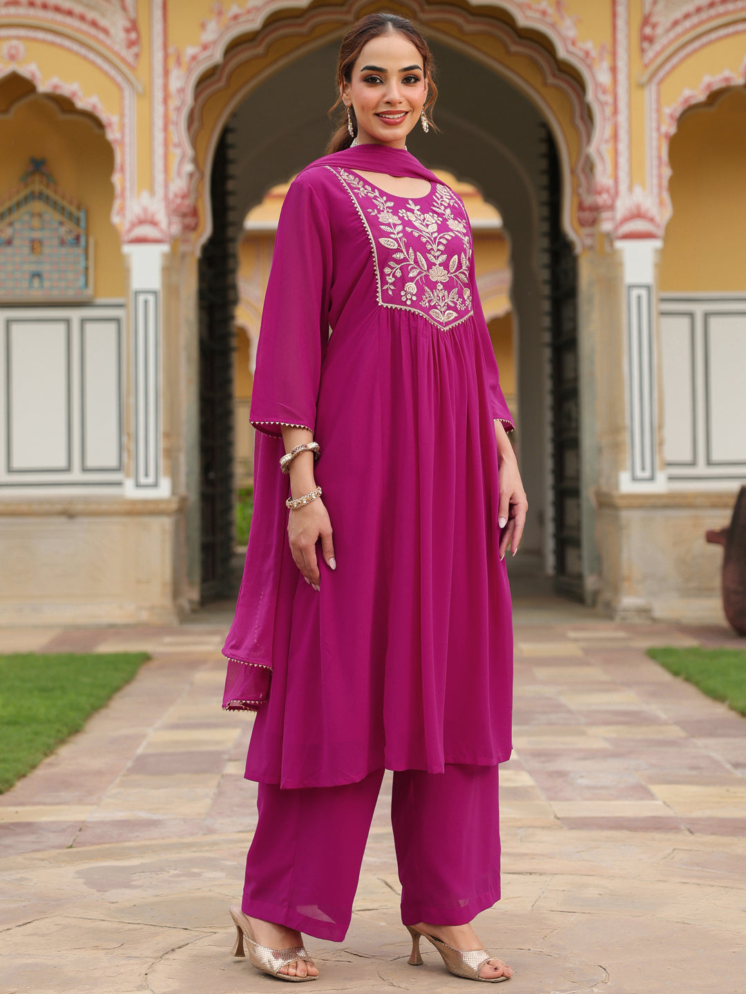 Women's Pink Georgette Embroidered A-line Kurta With Palazzo Dupatta Set