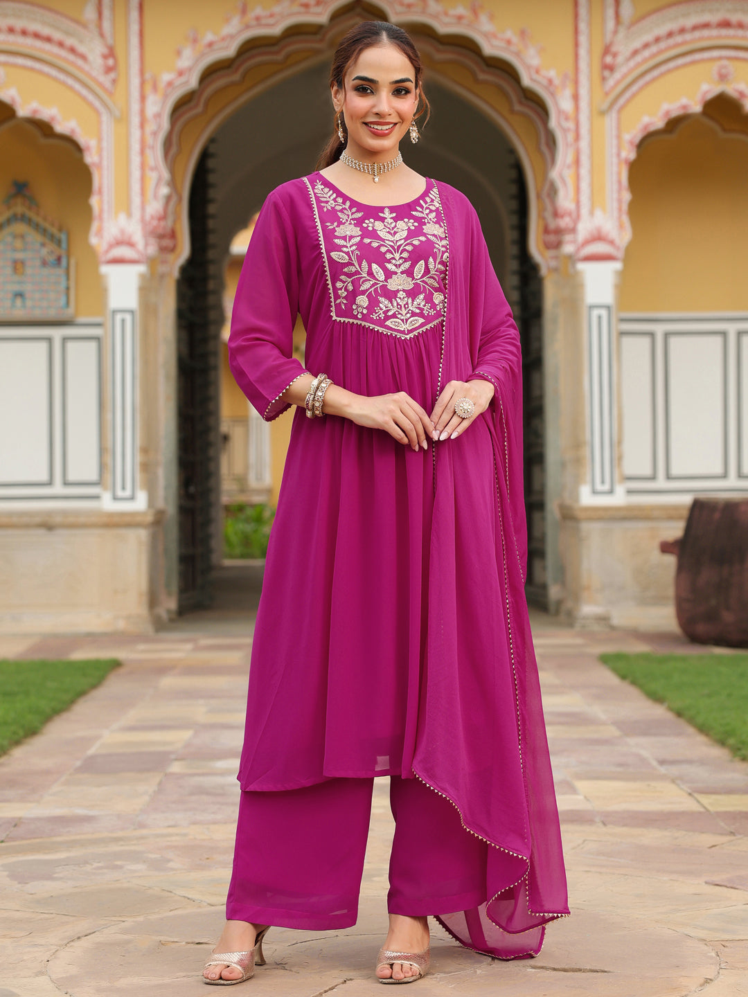Women's Pink Georgette Embroidered A-line Kurta With Palazzo Dupatta Set
