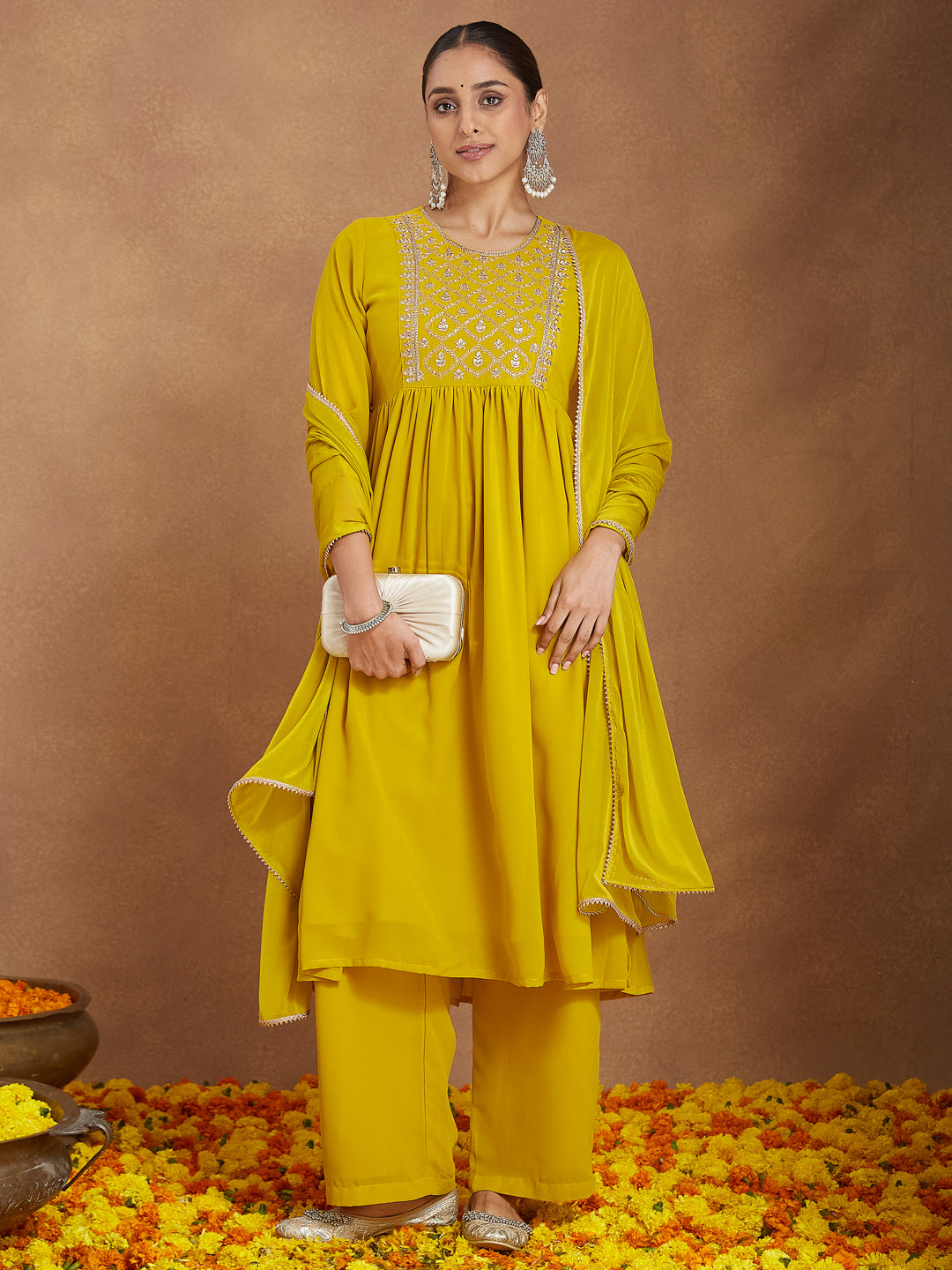 Women's Mustard Georgette Zari Yoke Embroidery A-line Kurta With Palazzo & Dupatta Set