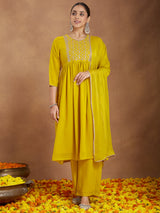 Women's Mustard Georgette Zari Yoke Embroidery A-line Kurta With Palazzo & Dupatta Set