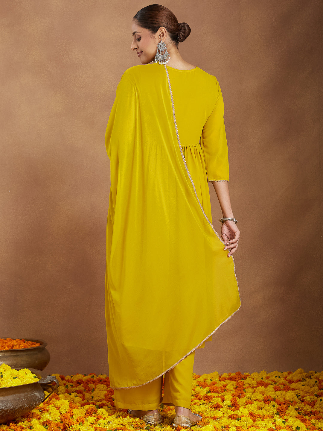 Women's Mustard Georgette Zari Yoke Embroidery A-line Kurta With Palazzo & Dupatta Set