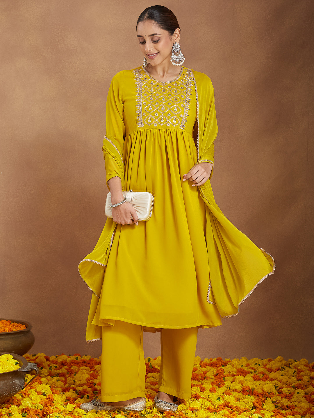 Women's Mustard Georgette Zari Yoke Embroidery A-line Kurta With Palazzo & Dupatta Set