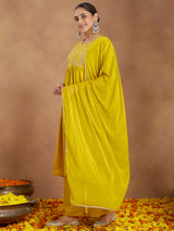 Women's Mustard Georgette Zari Yoke Embroidery A-line Kurta With Palazzo & Dupatta Set