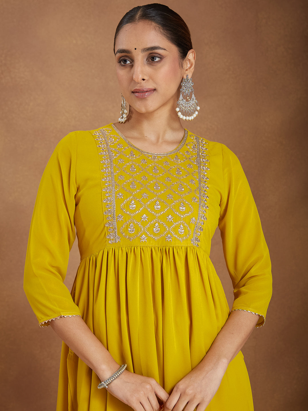 Women's Mustard Georgette Zari Yoke Embroidery A-line Kurta With Palazzo & Dupatta Set