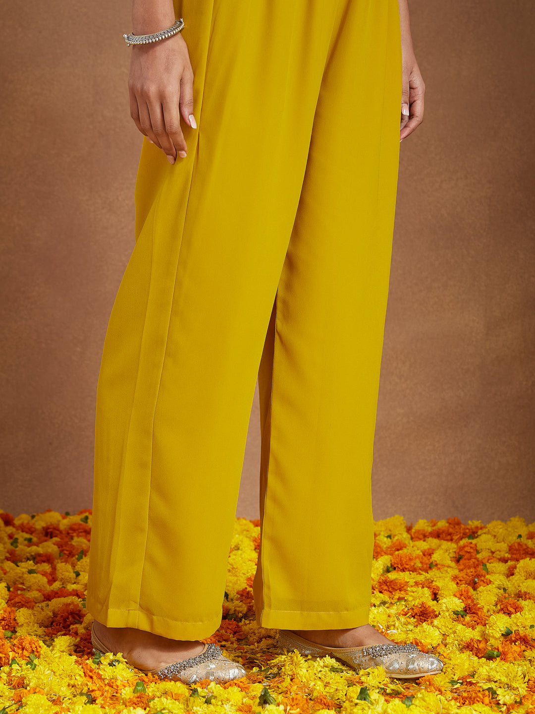 Women's Mustard Georgette Zari Yoke Embroidery A-line Kurta With Palazzo & Dupatta Set