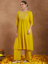 Women's Mustard Georgette Zari Yoke Embroidery A-line Kurta With Palazzo & Dupatta Set