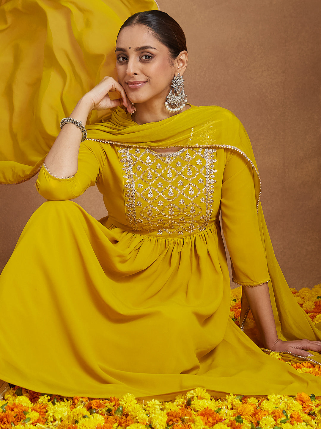 Women's Mustard Georgette Zari Yoke Embroidery A-line Kurta With Palazzo & Dupatta Set