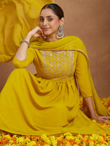 Women's Mustard Georgette Zari Yoke Embroidery A-line Kurta With Palazzo & Dupatta Set
