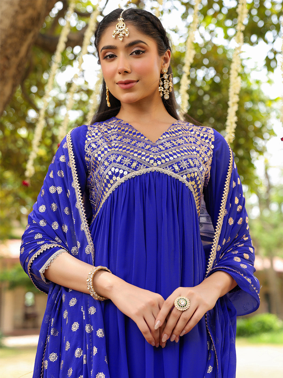 Women's Royal Blue Georgette Embellished A-line Kurta With Palazzo Dupatta Set