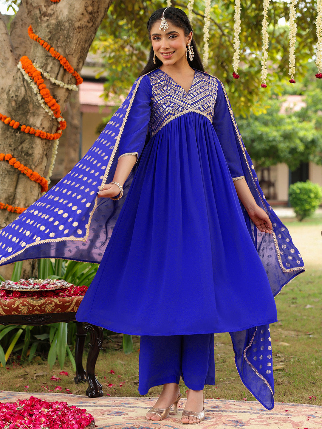 Women's Royal Blue Georgette Embellished A-line Kurta With Palazzo Dupatta Set