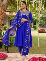 Women's Royal Blue Georgette Embellished A-line Kurta With Palazzo Dupatta Set