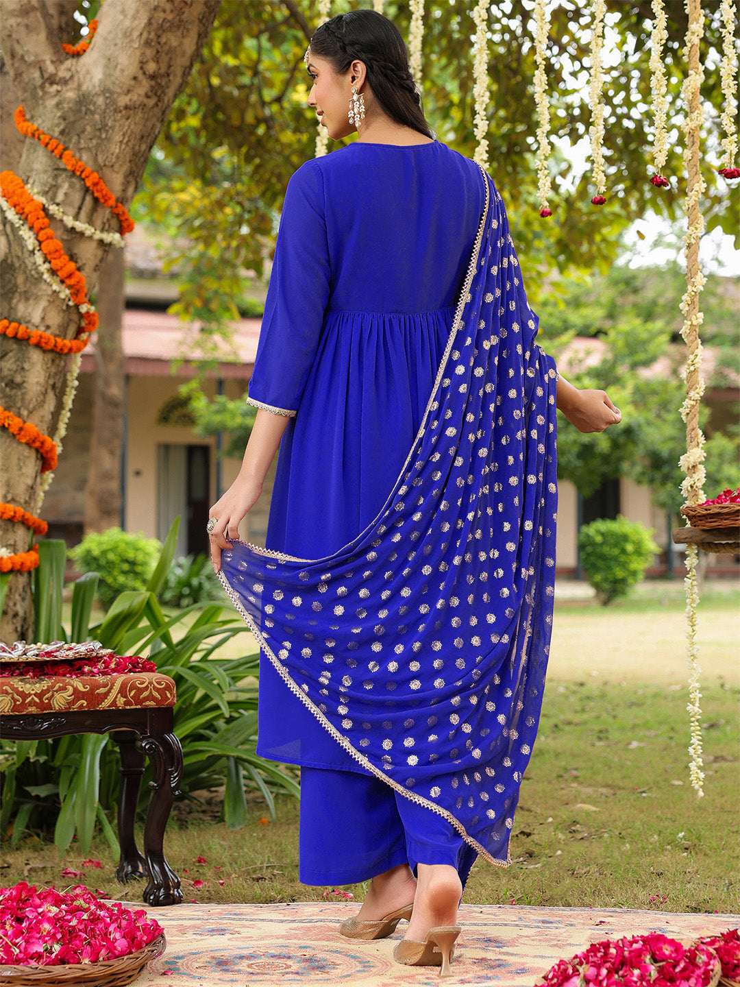Women's Royal Blue Georgette Embellished A-line Kurta With Palazzo Dupatta Set