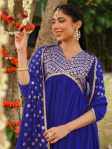 Women's Royal Blue Georgette Embellished A-line Kurta With Palazzo Dupatta Set