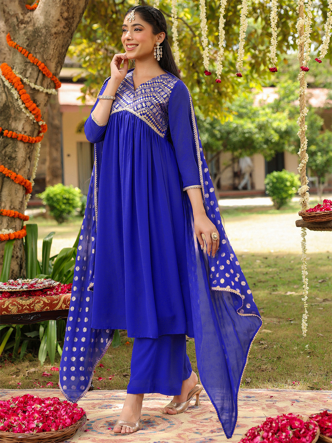 Women's Royal Blue Georgette Embellished A-line Kurta With Palazzo Dupatta Set