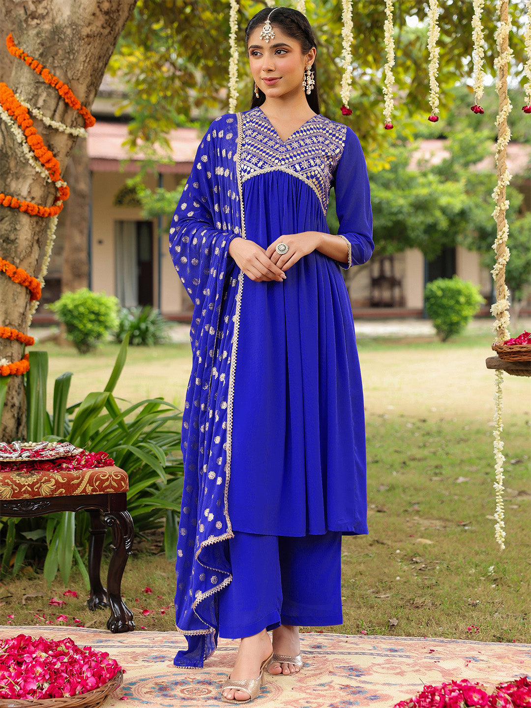Women's Royal Blue Georgette Embellished A-line Kurta With Palazzo Dupatta Set